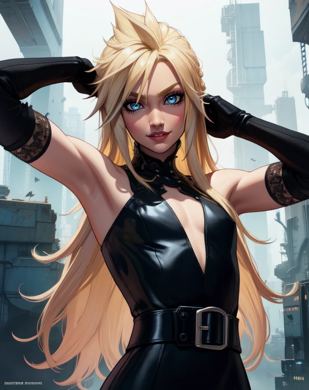 Cloud, long blonde hair, blue eyes, solo, otoko no ko, arms up,
upper body, eyeliner, looking at viewer, lip gloss, smile, dark makeup, teeth,
,flat chest, black dress, black elbow gloves, night, industrial,
standing, pose,
(insanely detailed, beautiful detailed face, masterpiece, best quality) <lora:CloudFB-10v6:0.7>