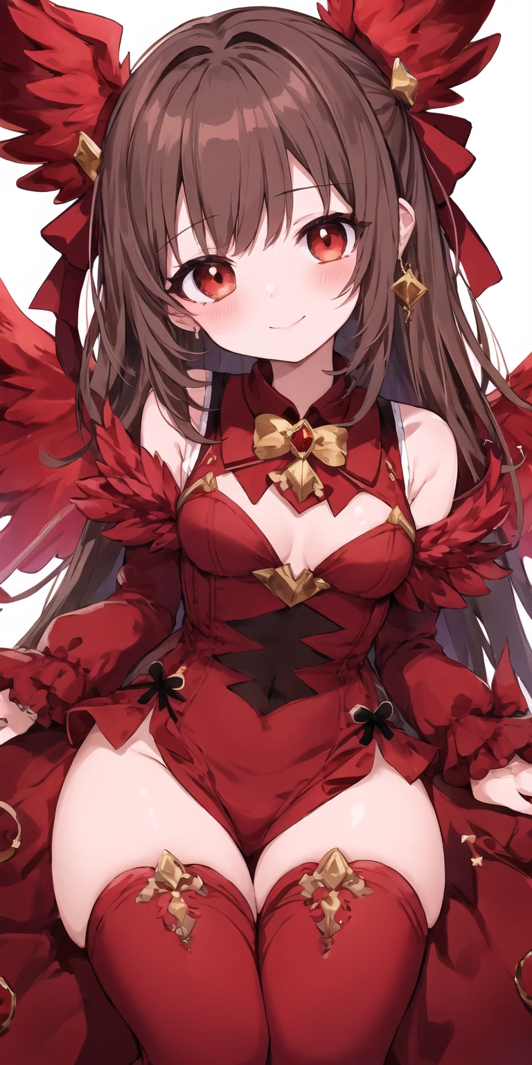 (best quality, masterpiece), (eye focus, face, close-up:0.3), blush, (smile:0.7), 1girl, solo focus, bangs, white background, durch angle, side, head tilt, jewelry, bow, wings
, (fantasy, red theme:1.3)
, foreshortening