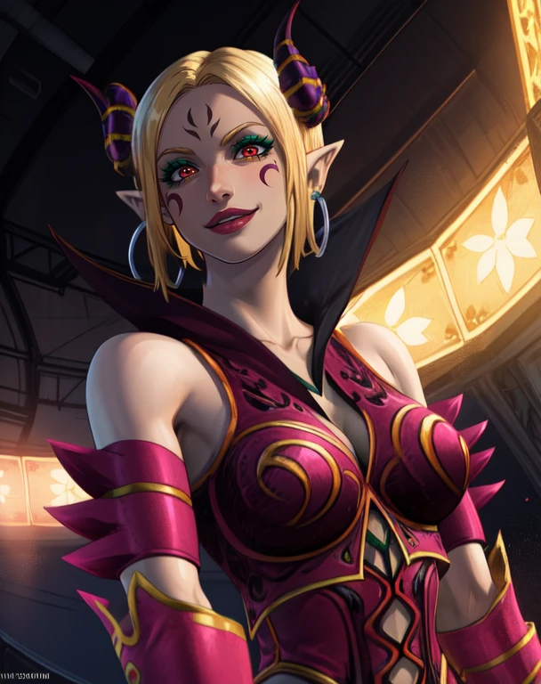 Shannon,blonde hair,horns,pointy ears,short hair, red eyes, makeup, green body tattoos, upper body, smiling,
carnival, on stage, show lights, (insanely detailed, beautiful detailed face, masterpiece, best quality)
<lora:Shannon-10v5:0.7>