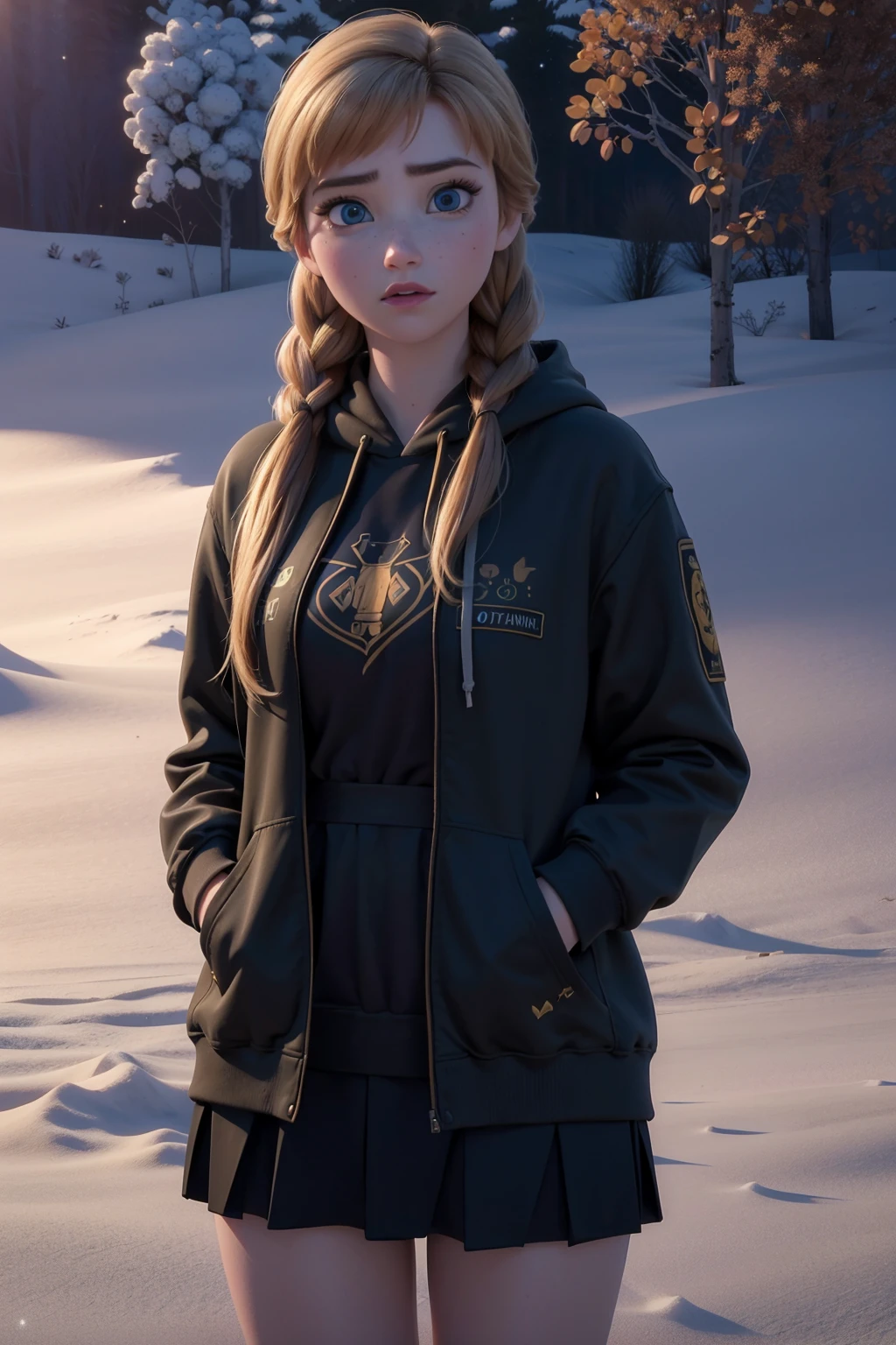 realistic, realism, photorealism, photo-realistic, high contrast, (photorealistic:1.4), 8k high definition detailed realistic, (best quality, masterpiece:1.2), NSFW, photon mapping, radiosity, physically-based rendering, best quality, highly detailed,1girl, fanna, big eyes, looking at the viwer, outdoors, snow, hoodie, skirt,