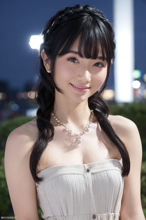 1girl, (wearing a casual dress:1.6),(RAW photo, best quality), (realistic, photo-realistic:1.4), masterpiece, an extremely delicate and beautiful, extremely detailed, 2k wallpaper, Amazing, finely detail, extremely detailed CG unity 8k wallpaper, ultra-detailed, highres, soft light, beautiful detailed girl, extremely detailed eyes and face, beautiful detailed nose, beautiful detailed eyes,cinematic lighting,(in the city at night:1.6),perfect anatomy,slender body,(smile:1.4),(close up:2.0),(look at viewer),(front view:1.4),cinematic angle,(wavy  hair:1.2),   <lora:maruokawakana_lora-02:0.8>