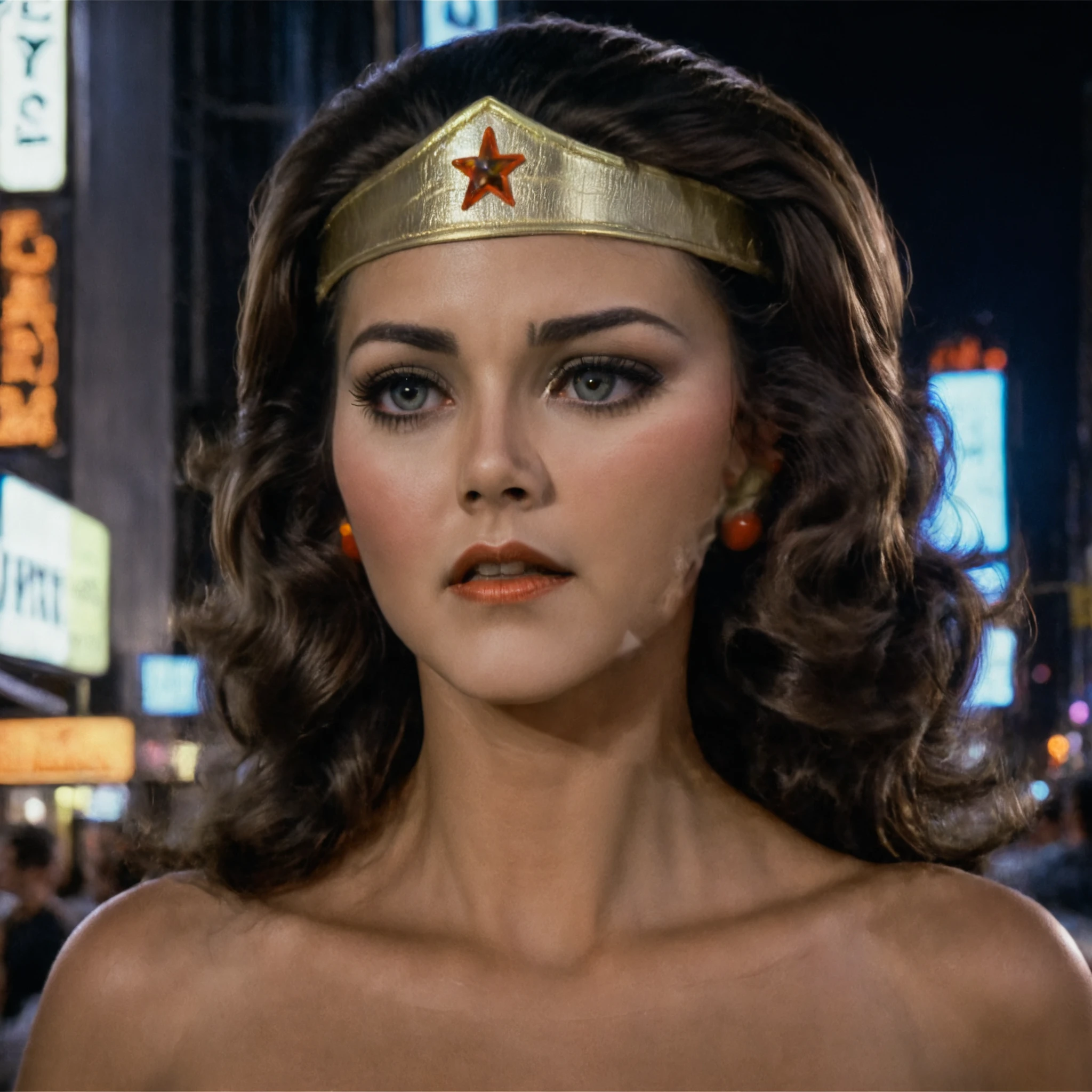 photo of w0nd3r woman, close-up, background crowded of new york street, nightime, shop ads, neon lights, high contrast, dark shadows<lora:w0nd3r-woman-000006:0.7>