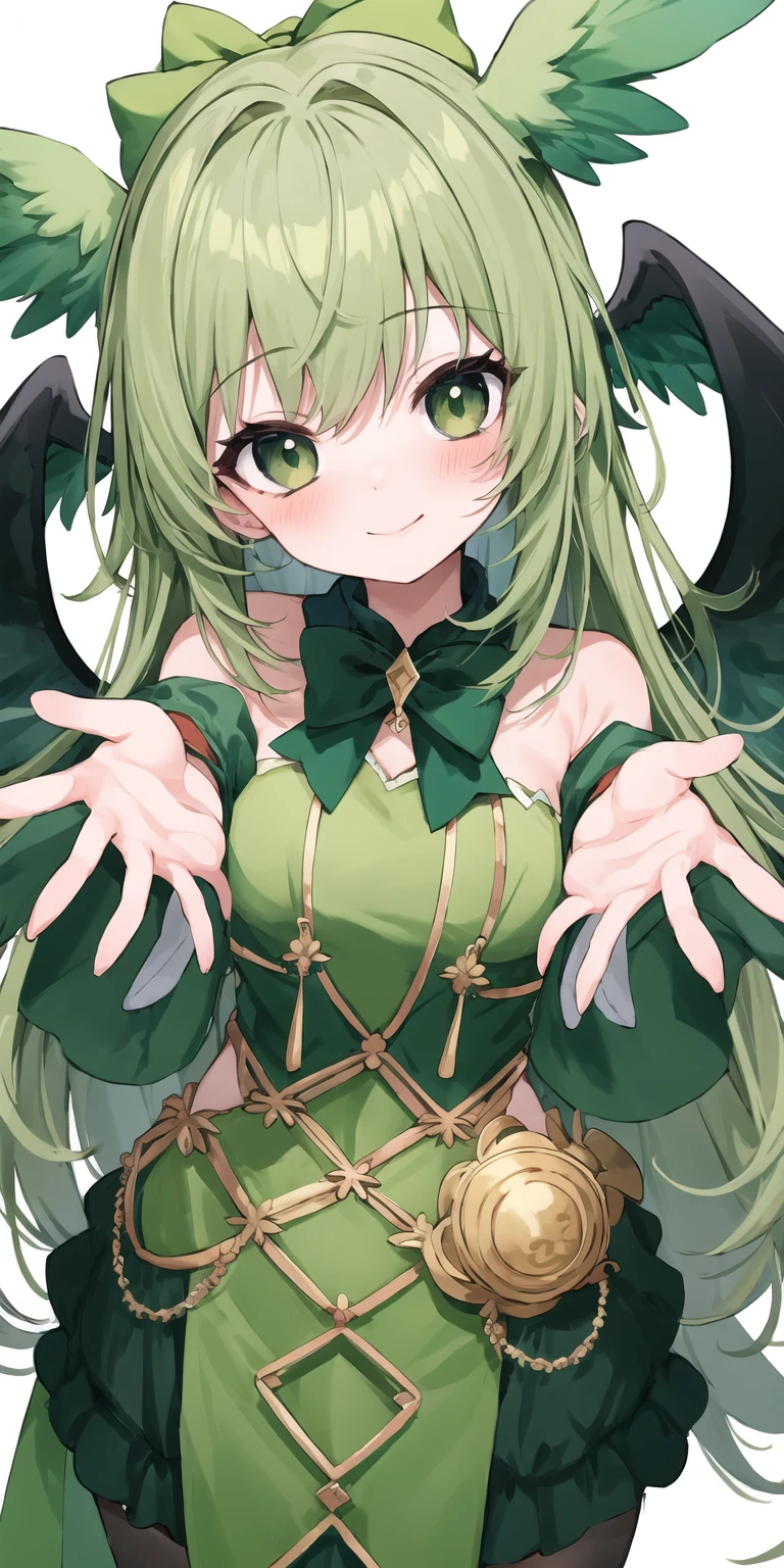 (best quality, masterpiece), (eye focus, face, close-up:0.3), blush, (smile:0.7), 1girl, solo focus, bangs, white background, durch angle, side, head tilt, jewelry, bow, wings
, (costume, cosplay, green theme:1.3)
, foreshortening, perspective