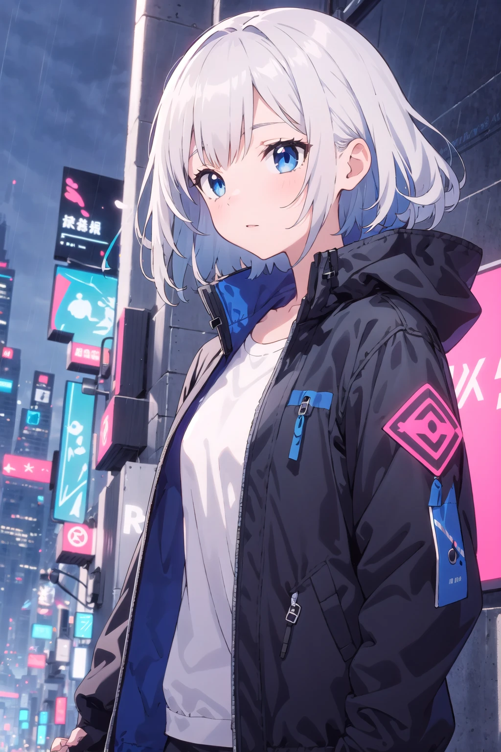 extremely detailed, detailed background, 1girl, solo, rain, Beautiful light, Unique angle, cyberpunk, grey hair, medium hair, blue eyes, floating hair, jacket,