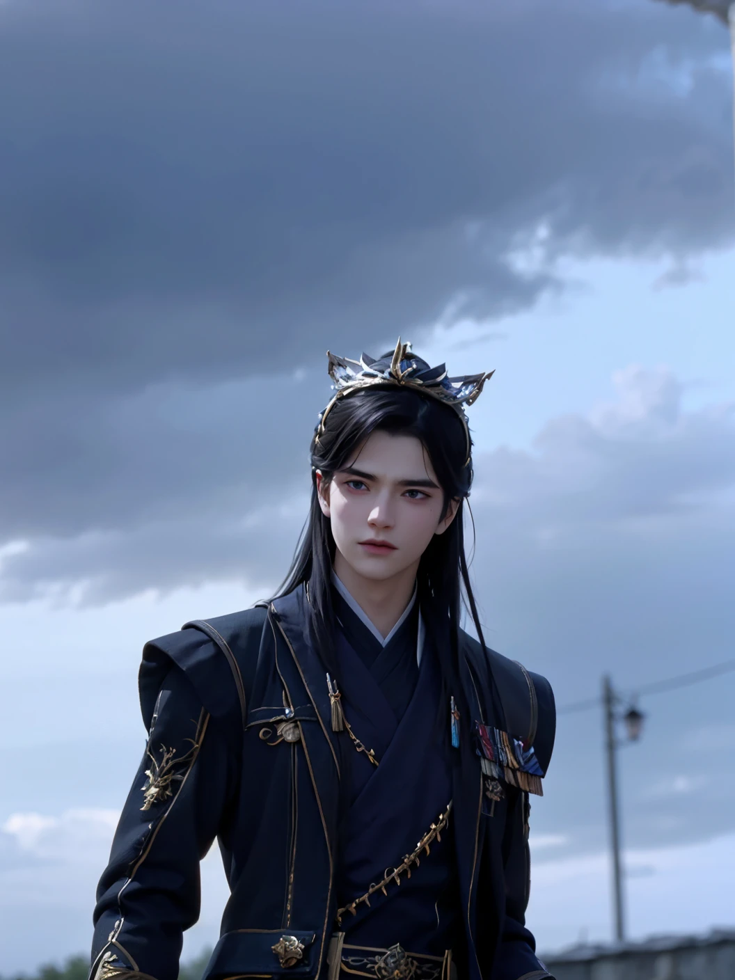 a man dressed in a costume with a crown on his head and a sword in his hand,in front of a cloudy sky,1 man,black_hair,blurry,hat,outdoors,sky,snowing,solo,upper_bod,<lora:[è§è²]-[éç-ç·æé]jingxuan-v1:0.5>,