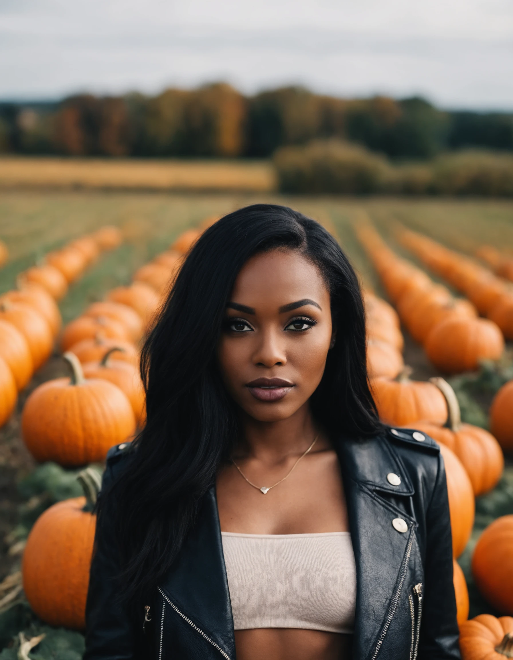 cinematic photo (art by Mathias Goeritz:0.9) , photograph, Lush black Girlfriend, Tax collector, Rich black hair, autumn pumpkins fields, tilt shift, Horror, specular lighting, film grain, Samsung Galaxy, F/5, (cinematic still:1.2) . 35mm photograph, film, bokeh, professional, 4k, highly detailed