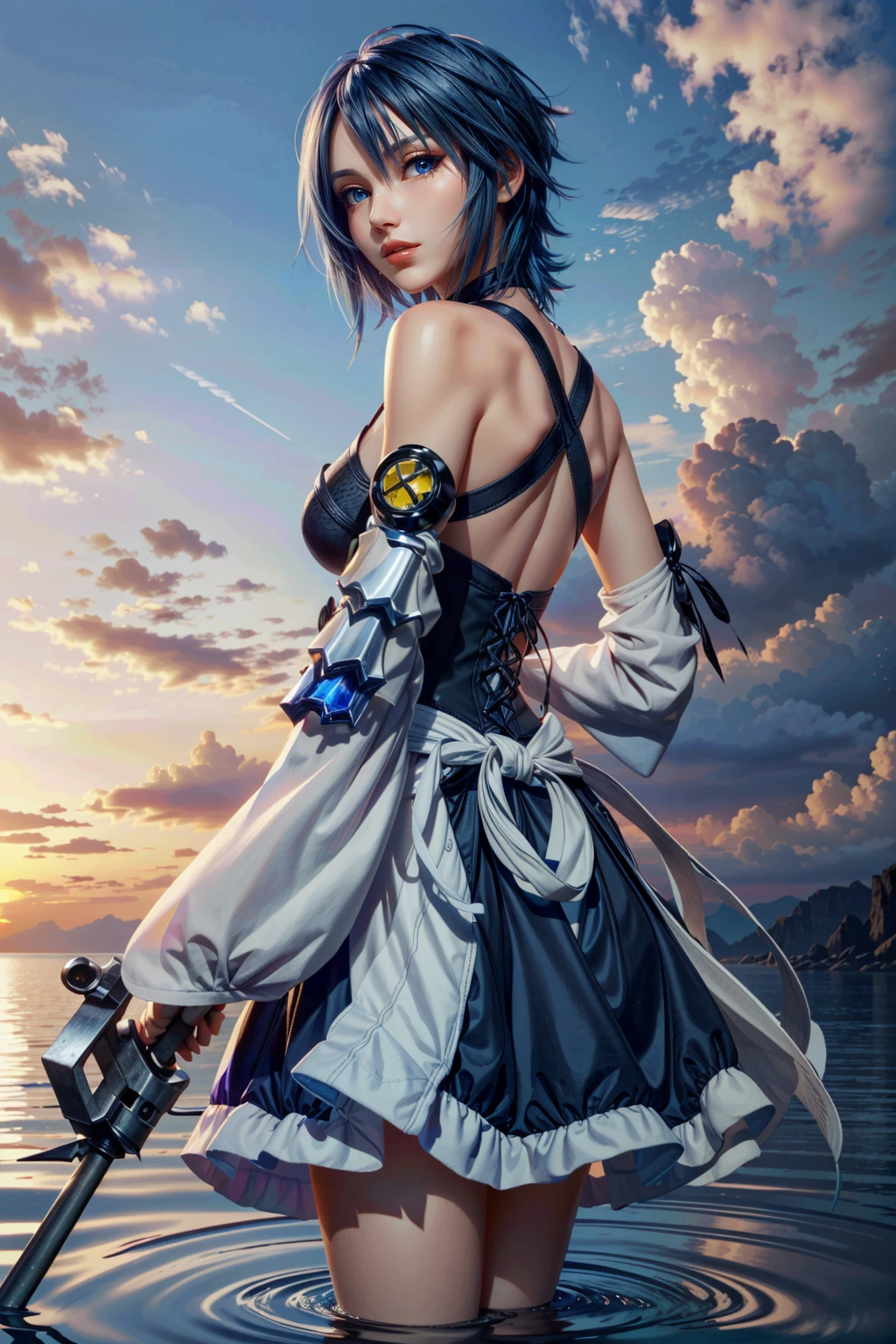 (masterpiece, best quality:1.3)
<lora:epi_noiseoffset2:1> <lora:add_detail:0.7> <lora:KingdomHeartsAqua:0.8>
KingdomHeartsAqua, 1girl, solo, breasts, looking at viewer, short hair, blue eyes, skirt, gloves, dress, holding, bare shoulders, medium breasts, blue hair, standing, weapon, outdoors, parted lips, detached sleeves, sky, black gloves, looking back, cloud, water, holding weapon, lips, dutch angle, ocean, wading, sunset, backless outfit
