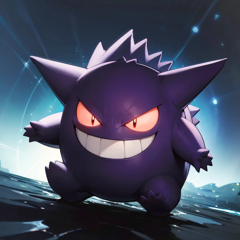 ((masterpiece,best quality)), absurdres,
<lora:Gengar_Pokemon_v2_Anime:0.7>, Gengar_Pokemon, no humans, pokemon \(creature\),
solo, smiling, looking at viewer,
purple theme, cinematic composition,