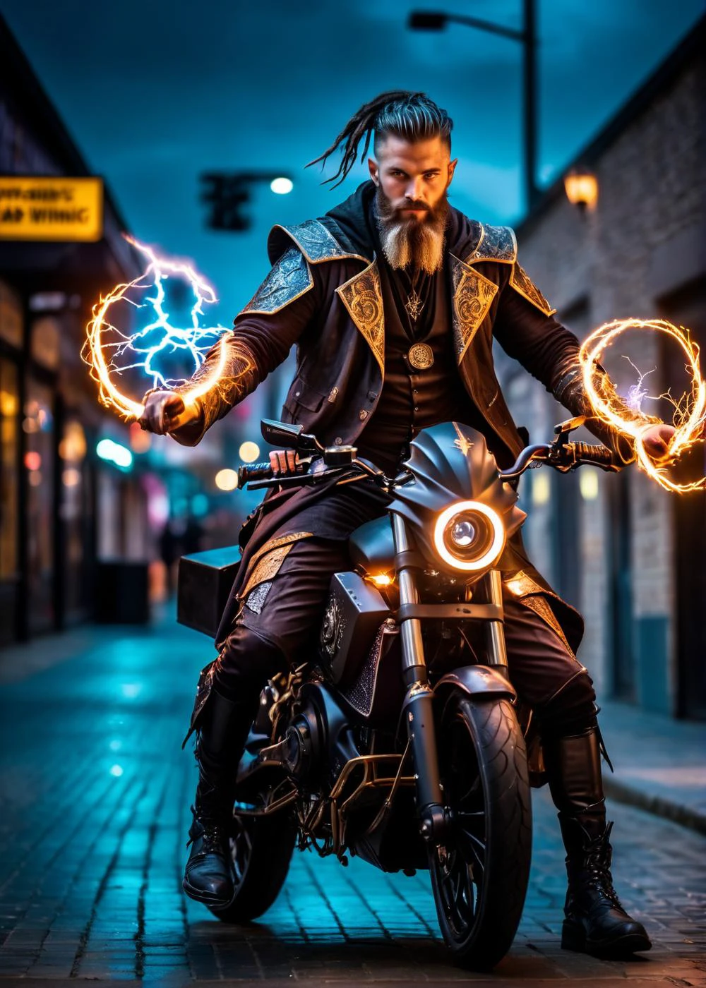 awardwinning photo of cyberpunk mediaeval Spellcaster, weird beard, man, mad, riding a lightning dragon, high quality photography, 3 point lighting, flash with softbox, 4k, Canon EOS R3, hdr, smooth, sharp focus, high resolution, award winning photo, 80mm, f2.8, bokeh