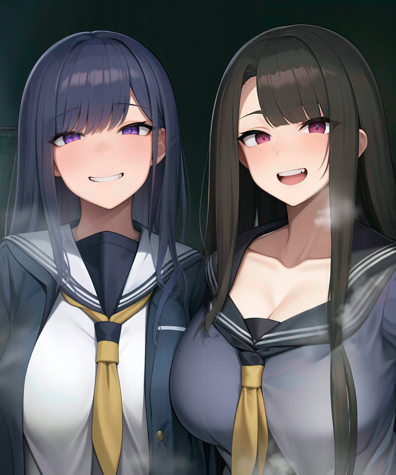 (2girls touting viewer at vacant classroom in school:1)
(detailed background with blackboard )
(detailed serafuku with plated skirt with (Fabrics hanging vertically from the body's bulge ) :1)
(short sleeves)
(colored tied scarf)
(covered sagging huge breasts :1 )
(perfect face with evil grin:1)
(detailed mouth with fogged by breath:1)
( thighighs :1)
(beautiful matte hair with inner colored :1)
(best lighting with sunshaft)
(sharp shading)
(highres)(masterpiece:1.2)(best quality:1.5)(perfect anatomy)
<lyc<lyco:multi_sagging_concept_v2:1.0>