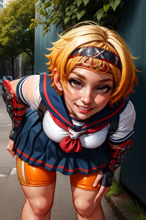 Kamikaze, short hair, blonde hair, brown eyes, leaning forward, hands on knees,
red gauntlets, school school uniform, orange bike shorts, headband, pleated skirt,
standing, upper body,
park, outdoors, smile,
(insanely detailed, beautiful detailed face, masterpiece, best quality) solo, <lora:KamikazeOuka:0.7>