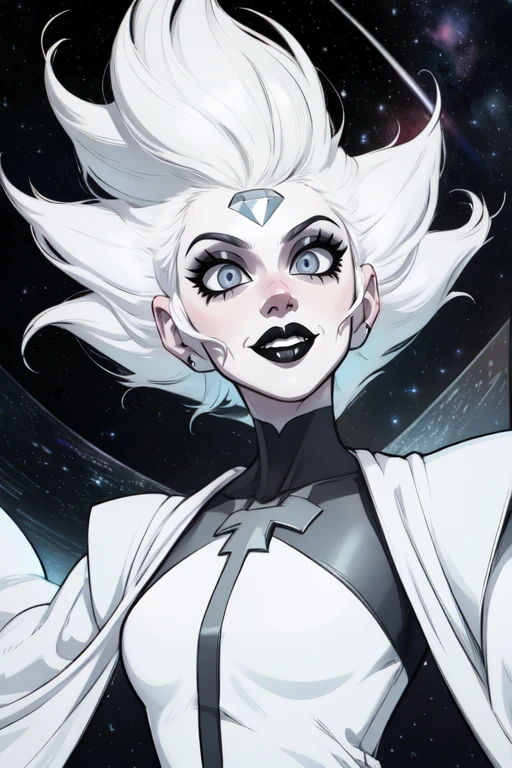 Witdim, black lips, eyeliner, grey eyes, white hair, pointy hair,  forehead jewel, 
white robes, smile, 
standing, 
solo,stars, space, 
(insanely detailed, beautiful detailed face,beautiful detailed eyes, masterpiece, best quality),  <lora:whitediamond:0.9>