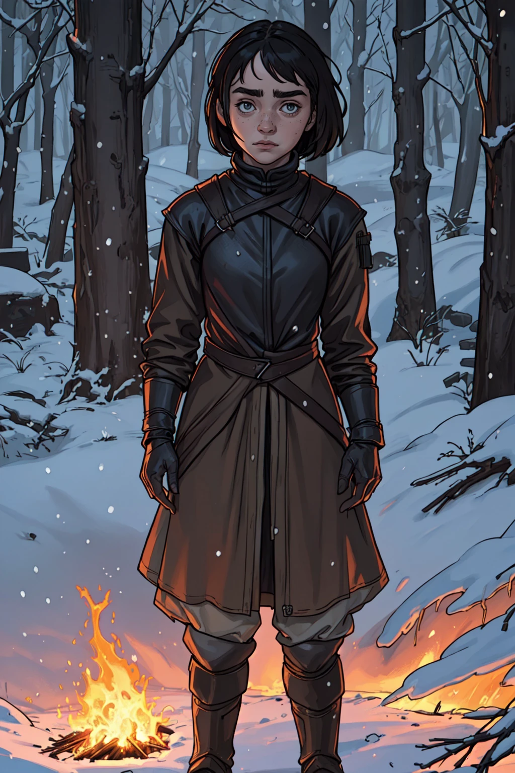 1girl, maisie williams, arya stark, leather armor, ruins, forest, snow, winter, medieval, standing, <lora:zoom_slider_v1:4>, fire, embers, thick eyebrows, realistic, (photorealistic:1.1), <lora:thick lineart v1:0.66>, (lineart:0.8)