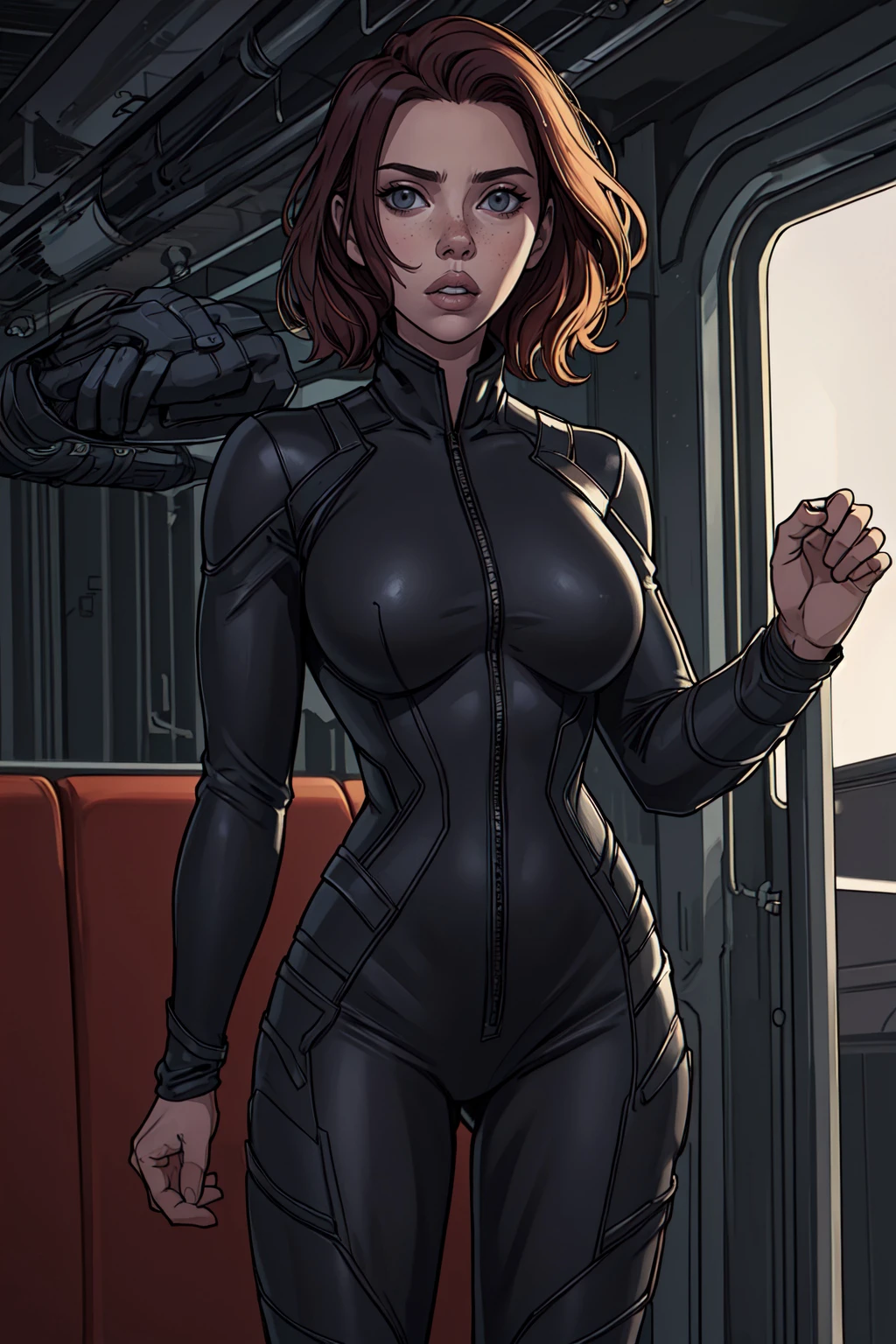 1girl, scarlett johansson, blak widow, leather armor, jumpsuit, taut clothes, train interior, standing, <lora:zoom_slider_v1:4>, (night:1.2), (darkness:1.2), realistic, (photorealistic:1.1), <lora:thick lineart v1:0.66>, (lineart:0.8)
