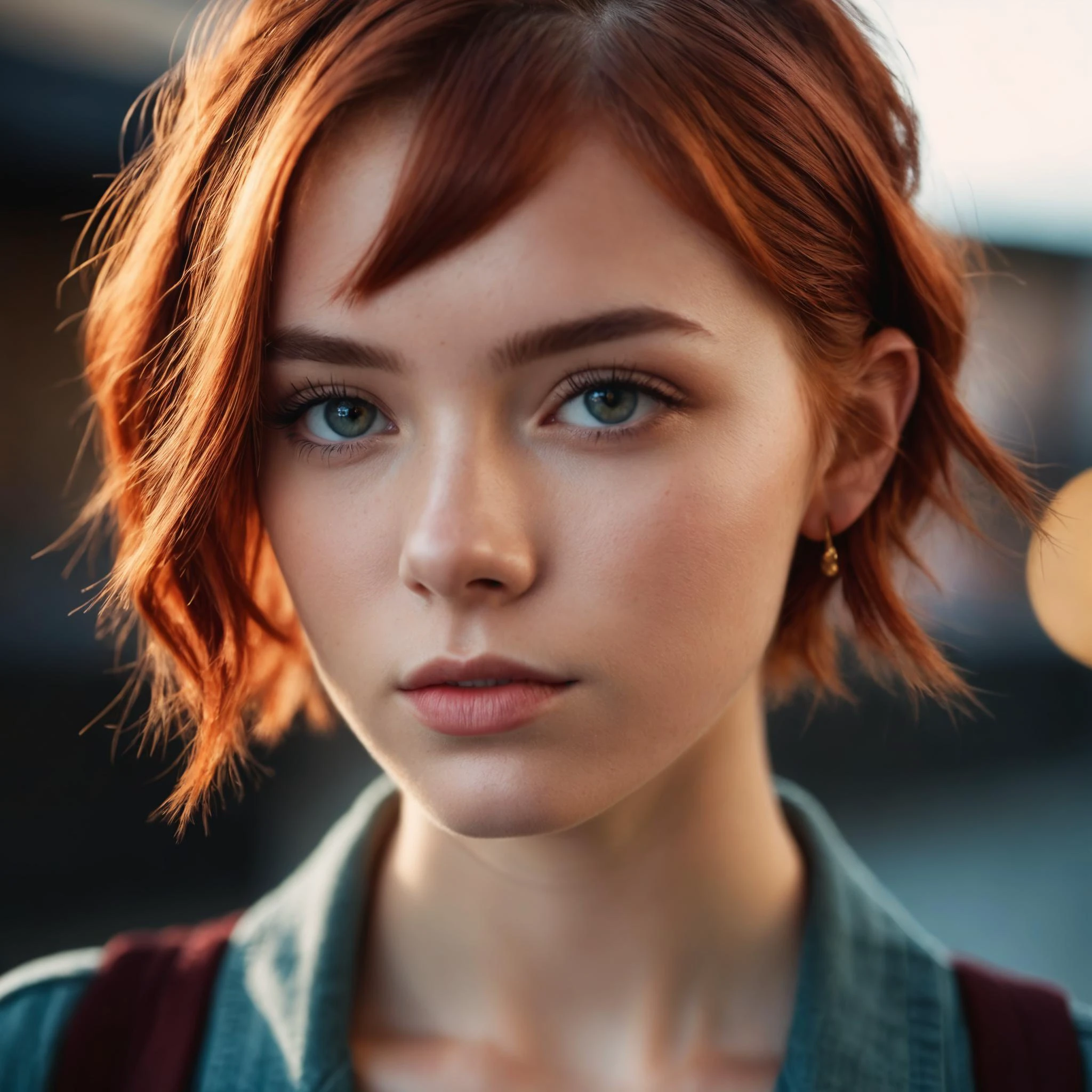 photo of 18 y.o woman, perfect eyes, short red hair, braid, looks at viewer, cinematic shot, hard shadows, RAW candid cinema, 16mm, color graded portra 400 film, remarkable color, ultra realistic, textured skin, remarkable detailed pupils, realistic dull skin noise, visible skin detail, skin fuzz, dry skin, shot with cinematic camera, high quality photography, 3 point lighting, flash with softbox, 4k, Canon EOS R3, hdr, smooth, sharp focus, high resolution, award winning photo, 80mm, f2.8, bokeh