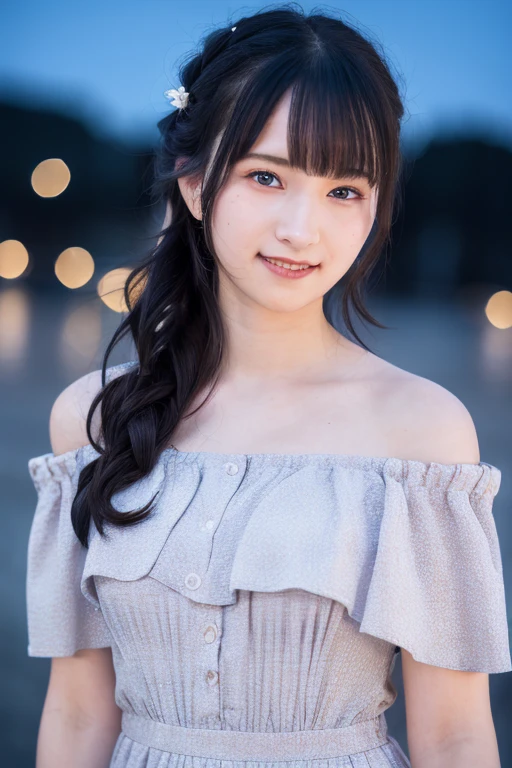 1girl, (wearing a off-the-shoulder dress:1.4),(RAW photo, best quality), (realistic, photo-realistic:1.4), masterpiece, an extremely delicate and beautiful, extremely detailed, 2k wallpaper, Amazing, finely detail, extremely detailed CG unity 8k wallpaper, ultra-detailed, highres, soft light, beautiful detailed girl, extremely detailed eyes and face, beautiful detailed nose, beautiful detailed eyes,cinematic lighting,(in the city at night:1.6),perfect anatomy,slender body,(smile:1.4),(close up:1.2),(look at viewer),(front view:1.4),cinematic angle,(wavy hair:1.2), <lora:haradasayaka_lora-01:0.8>