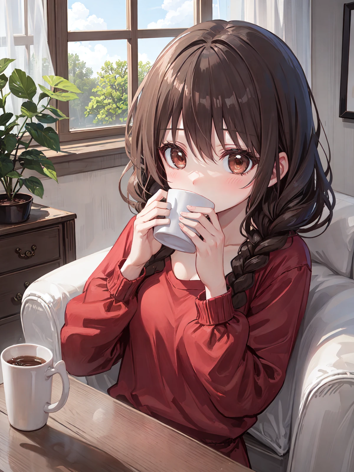 high quality, detailed, 1girl, dark brown eyes, small breasts, 
dark brown hair, twin braids, t shirt, long sleeves, long skirt, 
from front, upper body, living room, 
drinking, holding mug both hands on face