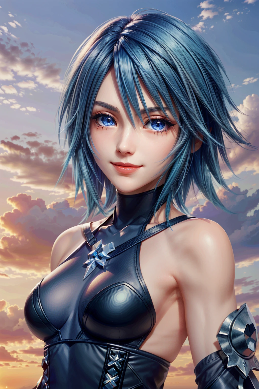 (masterpiece, best quality:1.3)
<lora:epi_noiseoffset2:1> <lora:add_detail:0.7> <lora:KingdomHeartsAqua:0.8>
KingdomHeartsAqua, 1girl, solo, breasts, looking at viewer, smile, short hair, blue eyes, hair between eyes, bare shoulders, medium breasts, closed mouth, blue hair, upper body, small breasts, detached sleeves, sky, cloud, sunset
