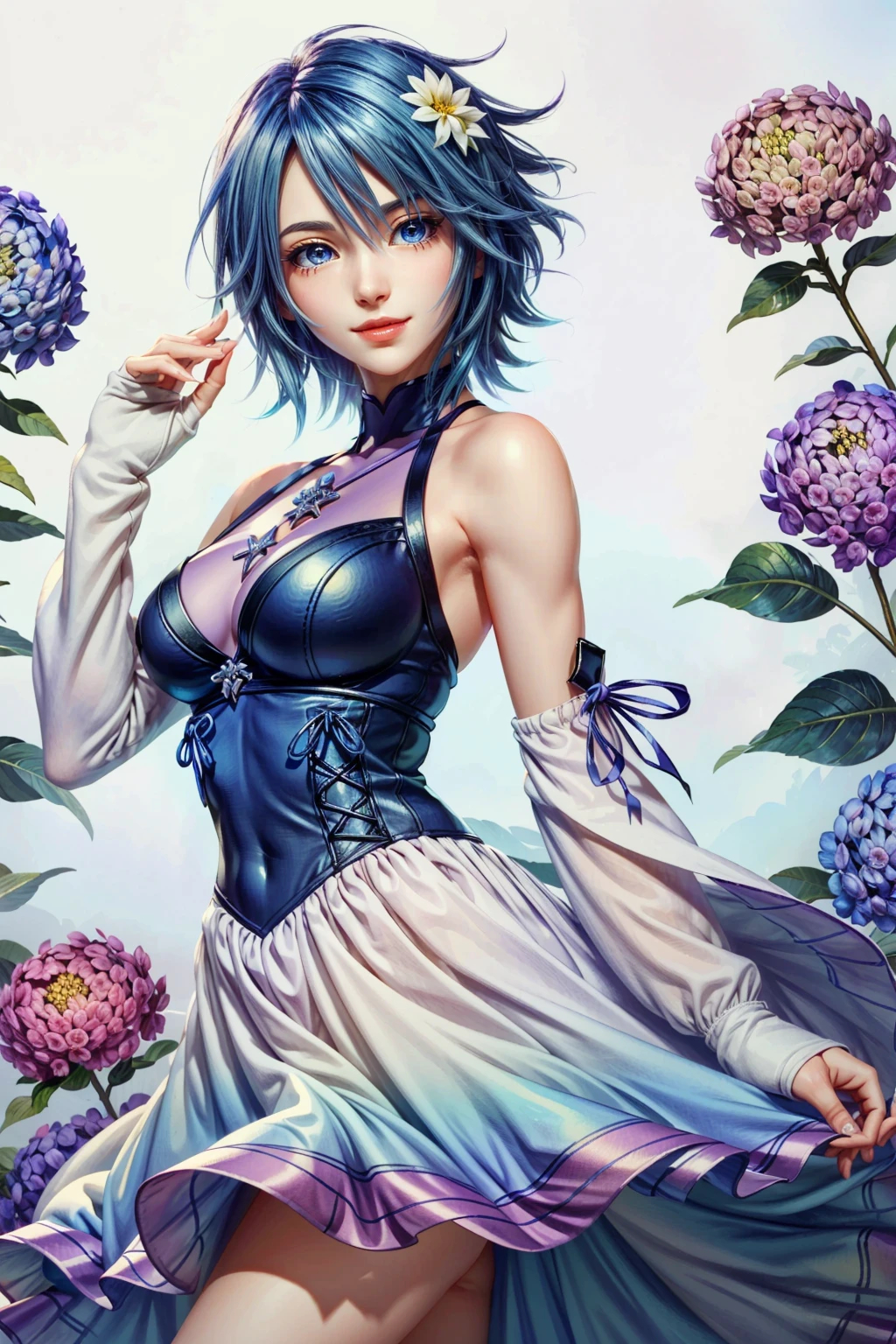 (masterpiece, best quality:1.3)
<lora:epi_noiseoffset2:1> <lora:add_detail:0.7> <lora:KingdomHeartsAqua:0.8>
KingdomHeartsAqua, 1girl, solo, breasts, looking at viewer, smile, short hair, blue eyes, dress, medium breasts, blue hair, flower, cowboy shot, sleeveless, head tilt, sleeveless dress, blue dress, purple flower, hydrangea