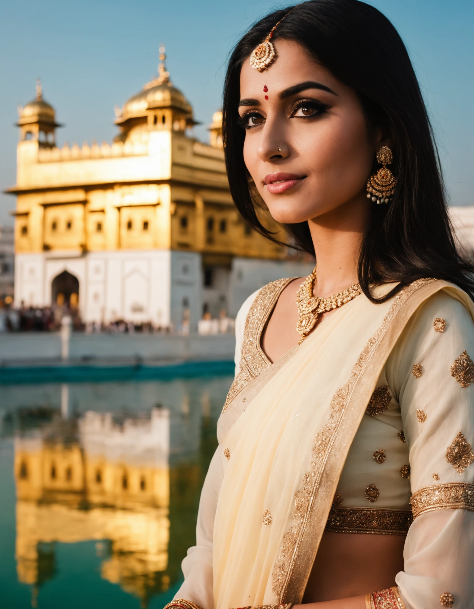 cinematic photo (art by Mathias Goeritz:0.9) , photograph, Lush Indian Girlfriend, saree, Rich black hair, spring Sri Harmandir Sahib, tilt shift, Horror, specular golden hour lighting, film grain, Samsung Galaxy, F/5, (cinematic still:1.2) . 35mm photograph, film, bokeh, professional, 4k, highly detailed