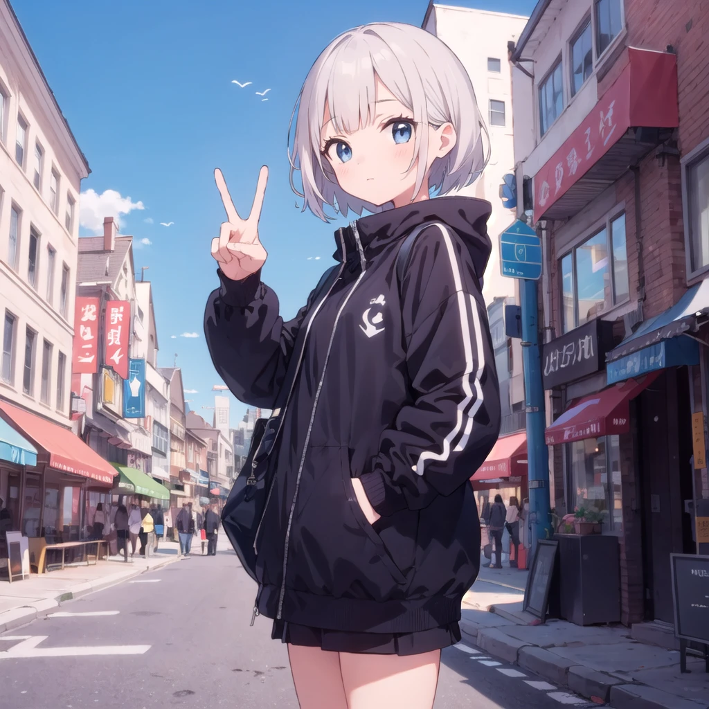 extremely detailed, detailed background, 1girl, solo, city, peace Sign,