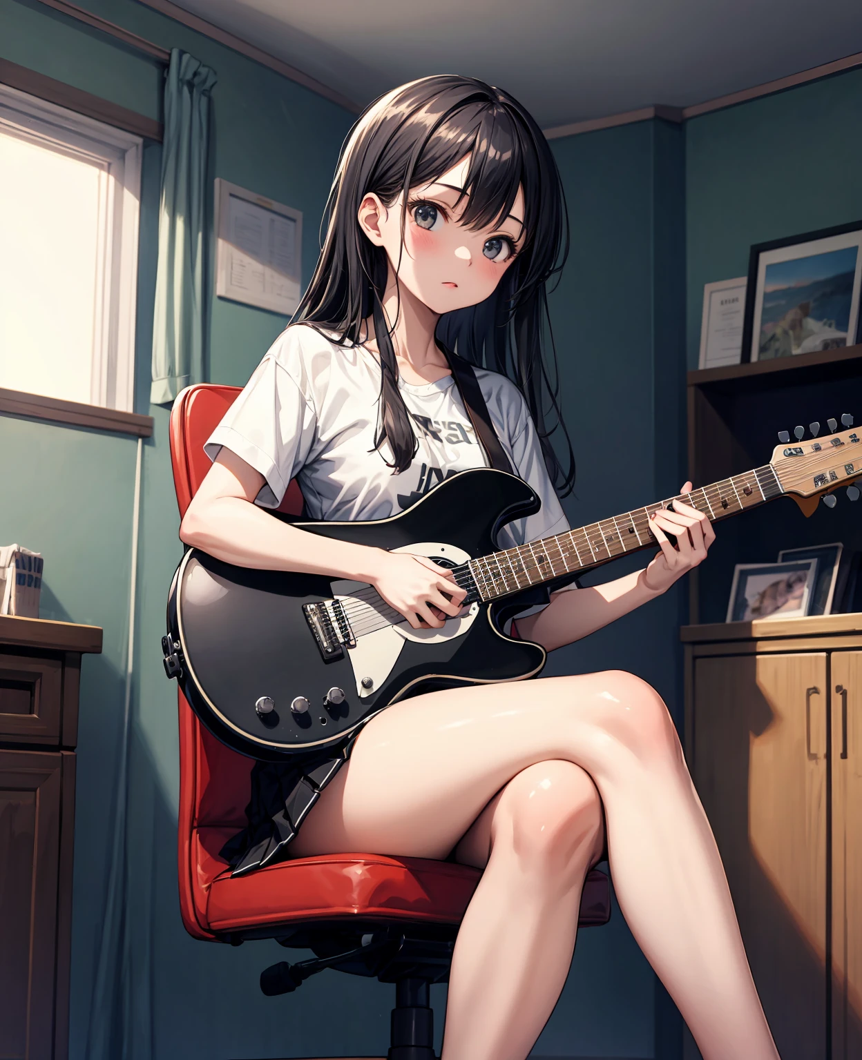 (masterpiece:1.2, best quality), (highly detailed), 1girl, 17yo, (white panties), crop top,  holding electric guitar, sleeping, on bed, eyes closed, warm, morning light, view from above