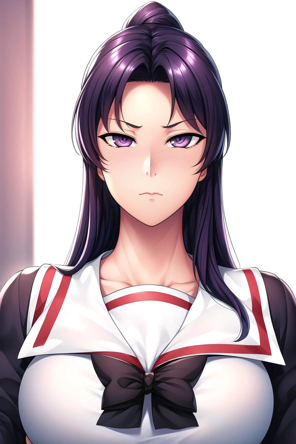 Simple White Background,
Black_jacket,white shirt,sailor outfit,red bowtie,puffy sleeves,long sleeves, Black pleated skirt,
<lora:Himemiya_Tsukino_Saimin_Gakushuu-KK77-V1:0.7>,jewelry,
purple eyes, purple hair,Bangs, ponytail,long hair,
<lora:Oda_Non_Style-KK77-V2:0.3>,<lora:more_details:0.1>,
1 girl, 20yo,Young female,Beautiful Finger,Beautiful long legs,Beautiful body,Beautiful Nose,Beautiful character design, perfect eyes, perfect face,expressive eyes,perfect balance,
looking at viewer,(Focus on her face),closed mouth,(Light_Smile:0.3),
official art,extremely detailed CG unity 8k wallpaper, perfect lighting,Colorful, Bright_Front_face_Lighting,White skin,
(masterpiece:1.0),(best_quality:1.0), ultra high res,4K,ultra-detailed,
photography, 8K, HDR, highres, absurdres:1.2, Kodak portra 400, film grain, blurry background, bokeh:1.2, lens flare, (vibrant_color:1.2),professional photograph,
(Beautiful,large_Breasts:1.4), (beautiful_face:1.5),(narrow_waist),
