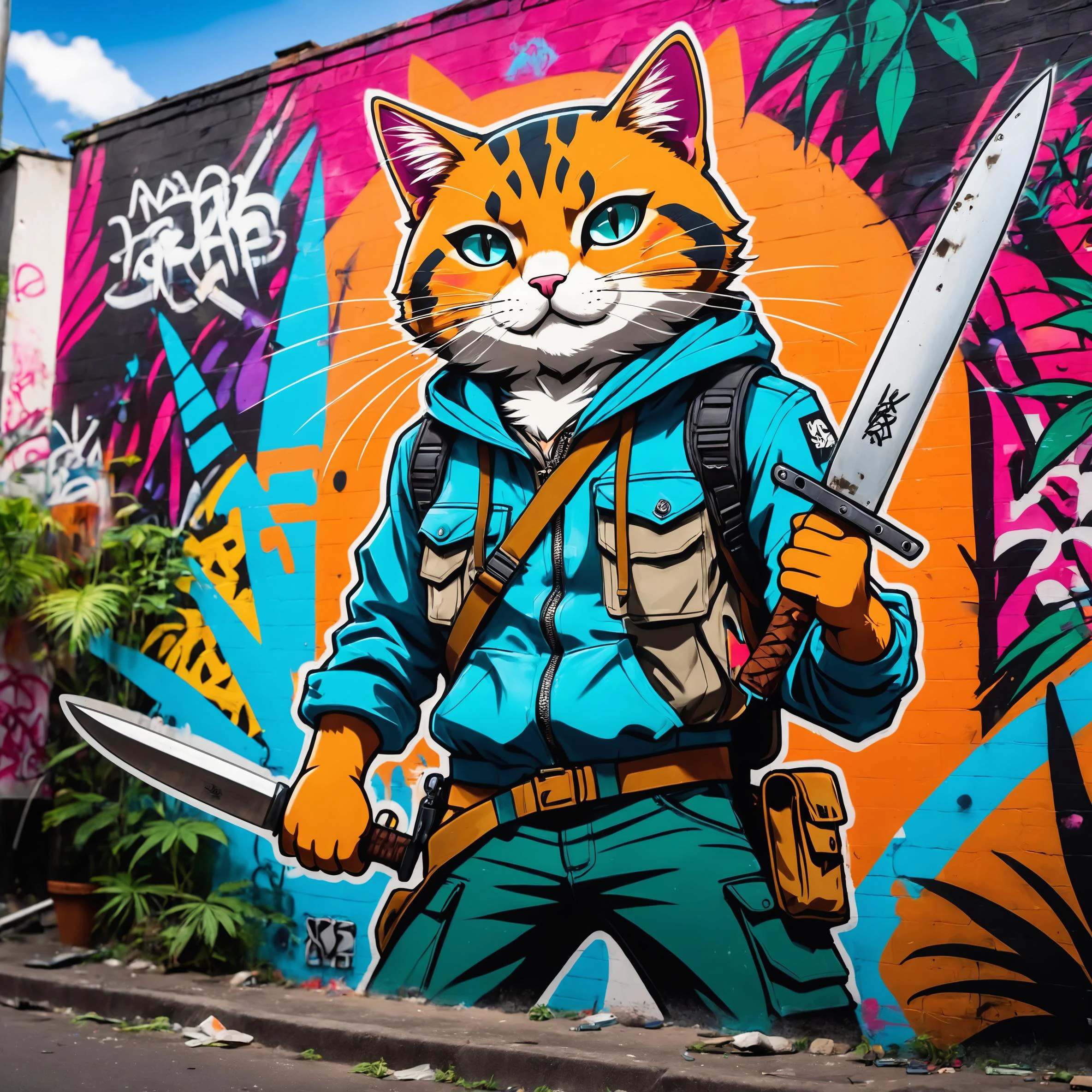 Graffiti style anime style, adventurer cat, dense jungle, holding a machete . Street art, vibrant, urban, detailed, tag, mural, high quality photography, 3 point lighting, flash with softbox, 4k, Canon EOS R3, hdr, smooth, sharp focus, high resolution, award winning photo, 80mm, f2.8, bokeh
