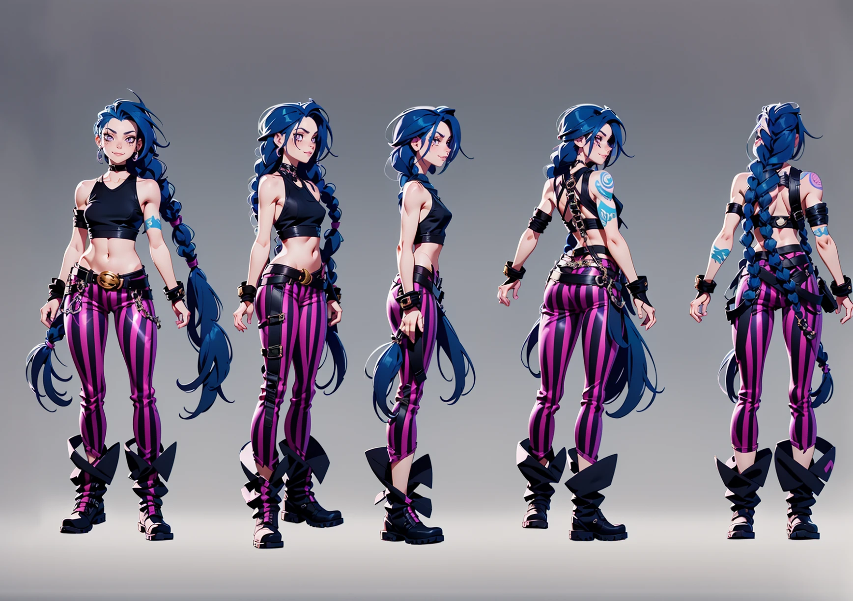 Rear view, Back view, Front view, Front view, Side view, concept art, hand-drawn drawing, game character design, 1girl, long hair, jinx (league of legends), gloves, braid, pants, fingerless gloves, tattoo, bare shoulders, grey background, asymmetrical bangs, gradient background, gradient, bangs, twin braids, blue hair, full body, boots, navel, arm tattoo, very long hair, striped pants, standing, crop top, shoulder tattoo, closed mouth, torn clothes, black footwear, brown gloves, looking at viewer, smile, pink pants, small breasts, belt, breasts, striped<lora:Multi-viewV2:0.8>,