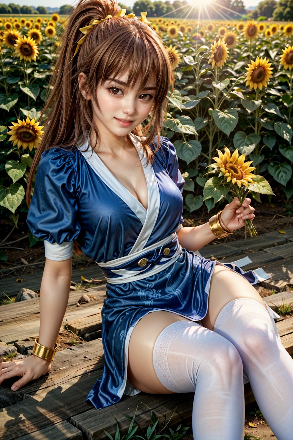 Digression, Under Digression, Raise your arms, (1 girl, 15 years old) ,Japanese Girls ,  (smile:0.7), smile,  priest \(dq3\), 1 girl, alone, (Red eyes), (Miter saw), (Naked with a thin bright blue tabard:1.4), (Cross Print), (Orange elbow gloves), Beautiful small breasts, Holding, staff, nature, blue sky, (Exposing shoulders), , (High color saturation:1.0),  (Very detailedな肌), (highest quality:1.0), (Ultra-high resolution:1.0) ,(Realistic:1.0), (Very detailed:1.0), (8k, RAW Photos:1.1)、Holding a long stick、The wind blows open the tabard, exposing her chest.、The wind blows the tabard open, exposing the genitals、Lifting the tabard to expose the private parts