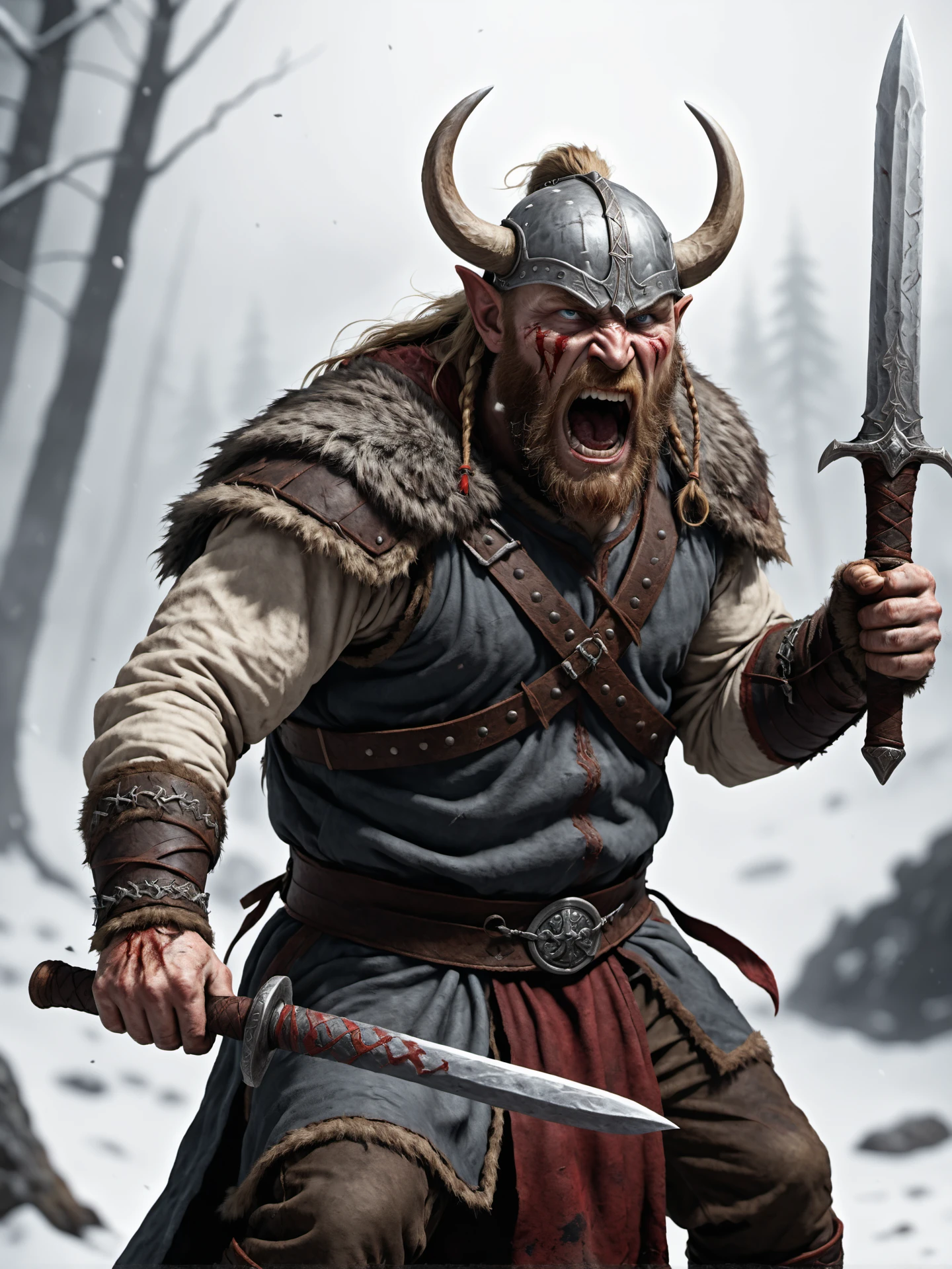 an viking beserker is storming the battlefield he holds his bloody sword ready to kill, anger in his face , open mouth , detailed, realistic, 8k uhd, high quality