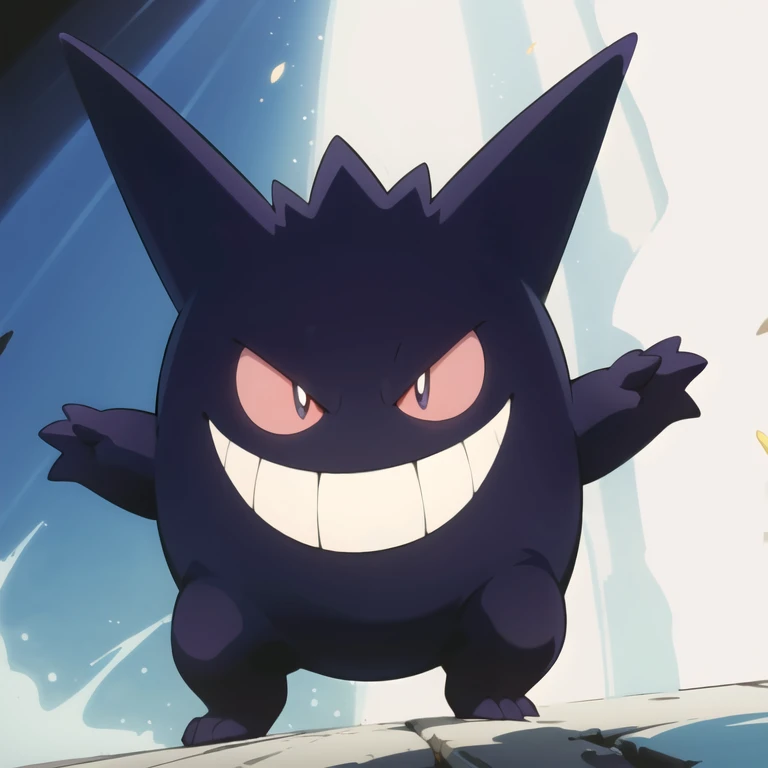 ((masterpiece,best quality)), absurdres,
<lora:Gengar_Pokemon_v2_Anime:0.7>, Gengar_Pokemon, no humans, pokemon \(creature\),
solo, smiling, looking at viewer,
purple theme, cinematic composition,