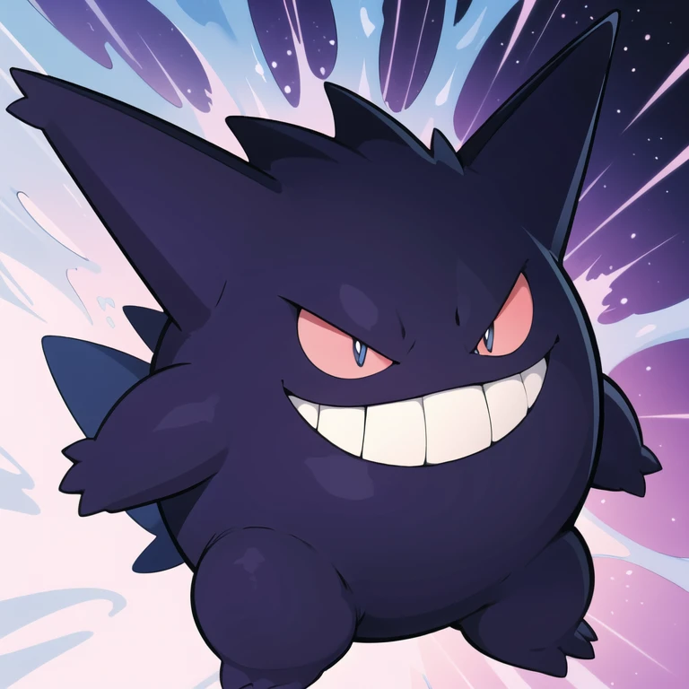 ((masterpiece,best quality)), absurdres,
<lora:Gengar_Pokemon_v2_Anime:0.7>, Gengar_Pokemon, no humans, pokemon \(creature\),
solo, smiling, looking at viewer,
purple theme, cinematic composition,