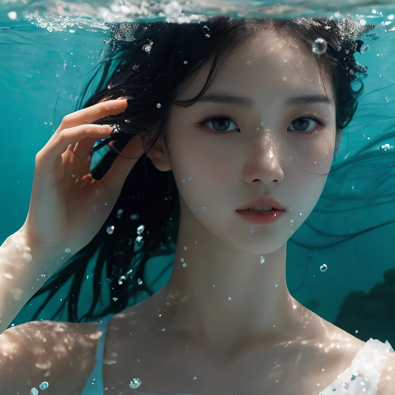 masterpiece, best quality, best shadow, depth of field, photorealistic, hyper realistic, realistic skin texture, ultra detailed, 1 girl, solo, fit body, black hair, perfect face, detailed face, looking at viewer, underwater, (white dress), A shot with tension(Visual impact, giving the image a dynamic and visually striking appearance:1.2), aesthetic pose,(swimming), beautiful coral reef, close up,