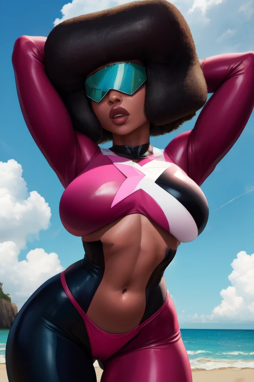 Garnet, blocky hair, afro, retro shades, serious, wide hips, cameltoe,
navel , standing, upper body, arms up,
chest plate , black and pink bodysuit with star, cleavage,
beach, night, stars,
(insanely detailed, beautiful detailed face, masterpiece, best quality)
<lora:Garnet-10v6:0.7>