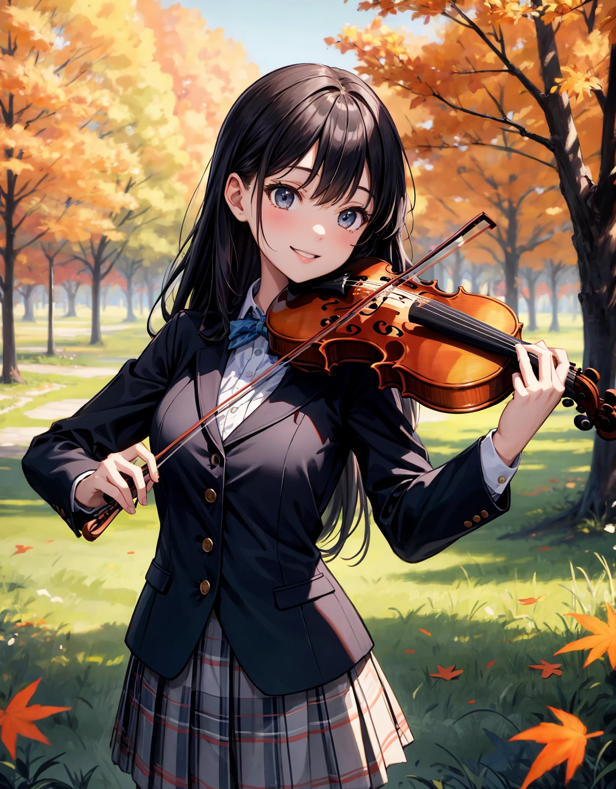 (masterpiece, best quality), (absurdres), (ultra detailed, 8K, ultra highres:1.2), 1girl, <lora:more_details:0.5>, (playing violin:1.2), long hair, smile, young, slim, cowboyshot, school uniform, outdoor, nature, forest, grass, dynamic pose, autumn