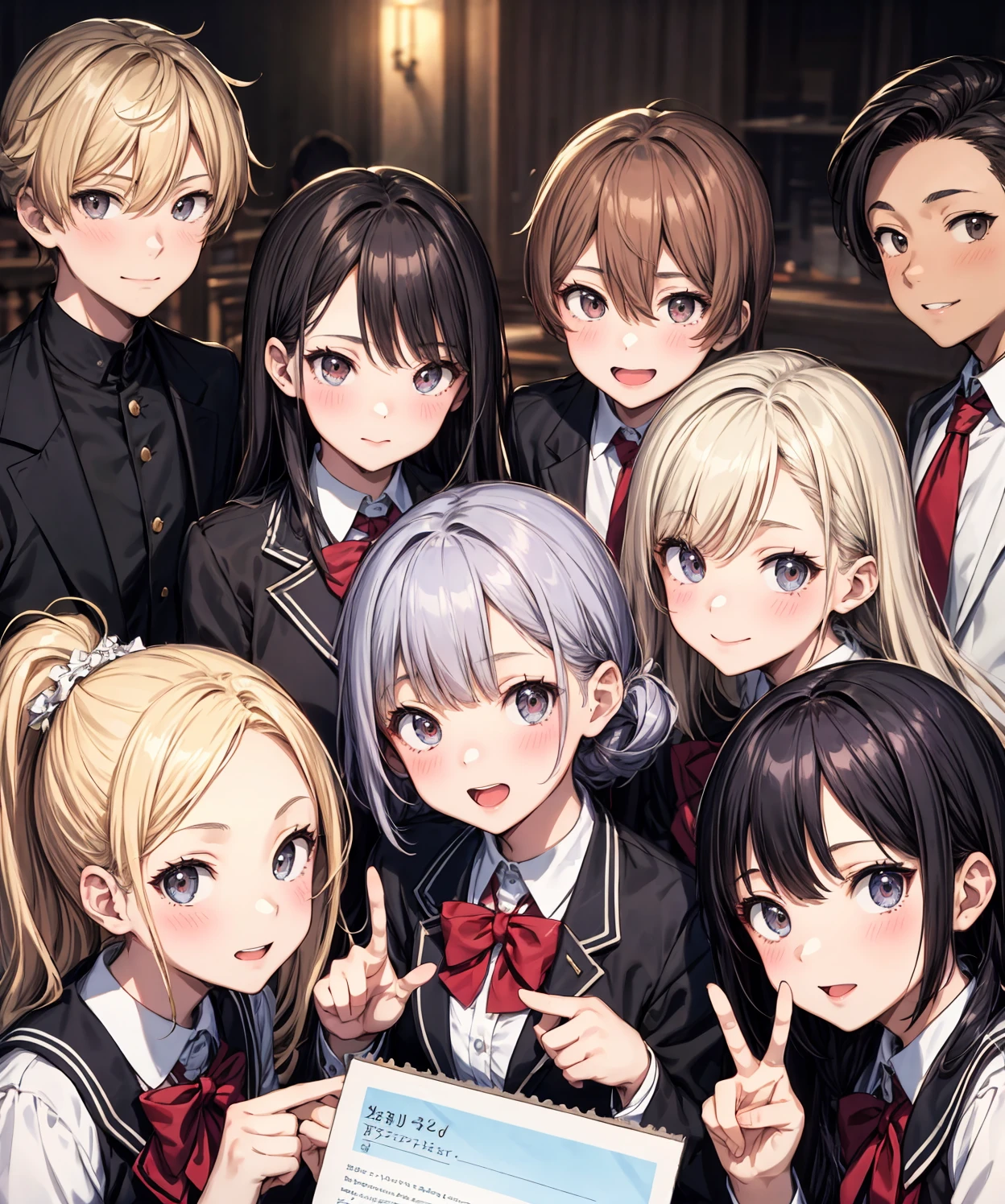 (masterpiece, best quality), (absurdres:1.2), (ultra detailed, 8K, ultra highres:1.2), (beautiful 4girls and handsome 4boys:1.3), young, slim, (cinematic composition), <lyco:more_details:0.5>, blush, happy smile, dramatic lighting, (short body, petite body), (group shot, gathered, friends), (multiple boys:1.2), looking at viewer, standing, sitting, posing, school uniform, (multiple loving couples:1.2), v-signs