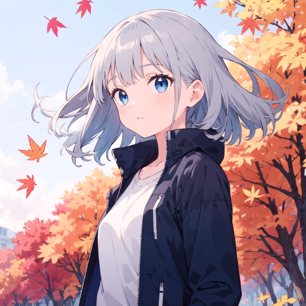 extremely detailed, detailed background, 1girl, solo, autumn, Beautiful light, wind, leaves changing color, grey hair, medium hair, blue eyes, floating hair, shirt, jacket,