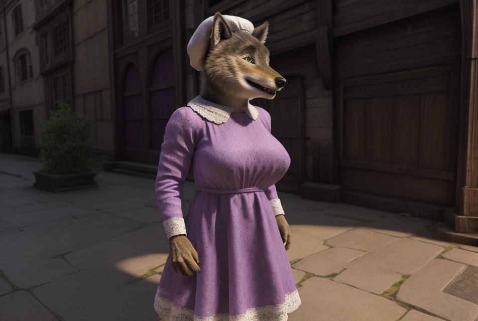 SFW, (detailed face, detailed purple clothing, detailed green eyes), full body, digitigrade, wolfie, anthro female, (large breast), wolf wearing white bonnet and purple maid, standing in the medieval city
BREAK
(masterpiece, best quality, ultra realistic, 4k, 2k, (intricate:0.9), (high detail:1.4), film photography, sharp focus,
RAW photo, photorealistic, analog style, subsurface scattering, photorealism, absurd res)
<lora:Wolfie-35:0.8>