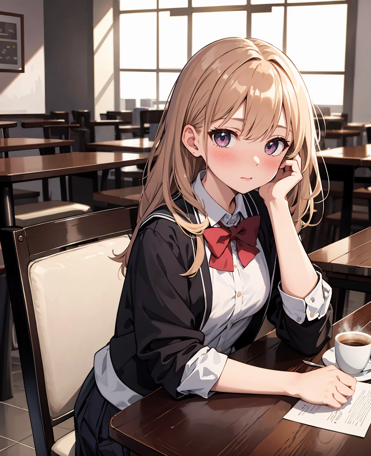 (masterpiece, best quality), (absurdres:1.2), (ultra detailed, 8K, ultra highres:1.2), 1girl, POV dating, cafe, coffee, sitting, table, blush, looking at viewer, upturned eyes, school uniform