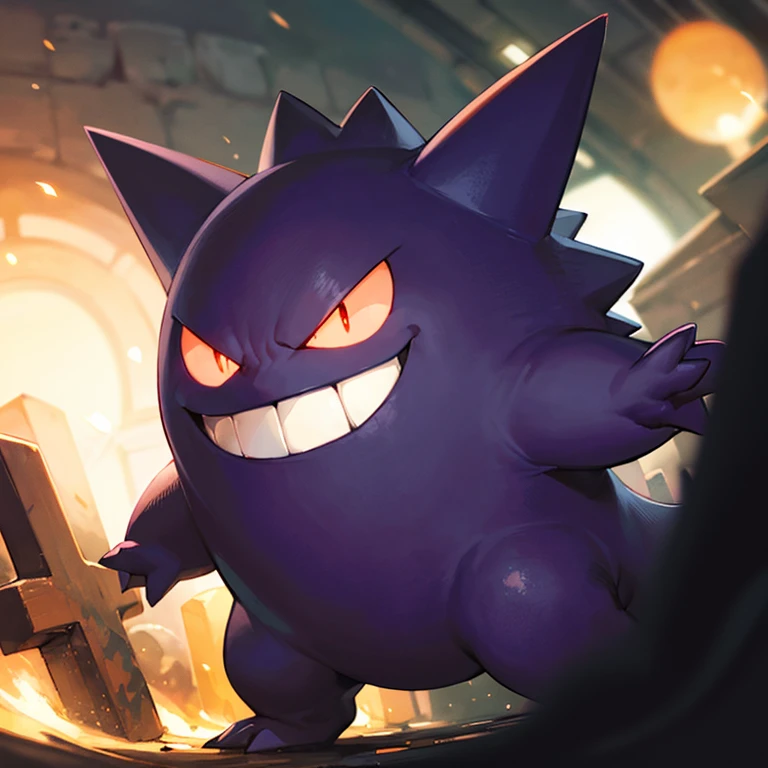centered, award winning photo, (looking at viewer:1.2), | evil grin, Gengar_Pokemon, solo, no humans, pokemon \(creature\), smile, dynamic pose, | graveyard, dark theme, | bokeh, depth of field, cinematic composition, | <lora:Gengar_Pokemon_v2_Anime:0.6>