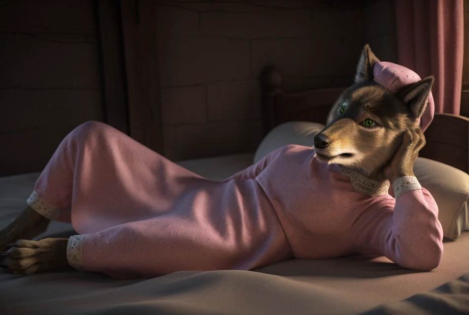 (detailed face, detailed pink clothing, detailed green eyes), full body,  digitigrade, wolfie, anthro male, wolf wearing pink bonnet and pink nightgown laying down on a bed, medieval bedroom background
BREAK
(masterpiece, best quality, ultra realistic, 4k, 2k, (intricate:0.9), (high detail:1.4), film photography, soft focus,
RAW photo, photorealistic, analog style, subsurface scattering, photorealism, absurd res)
<lora:Wolfie-35:0.8>