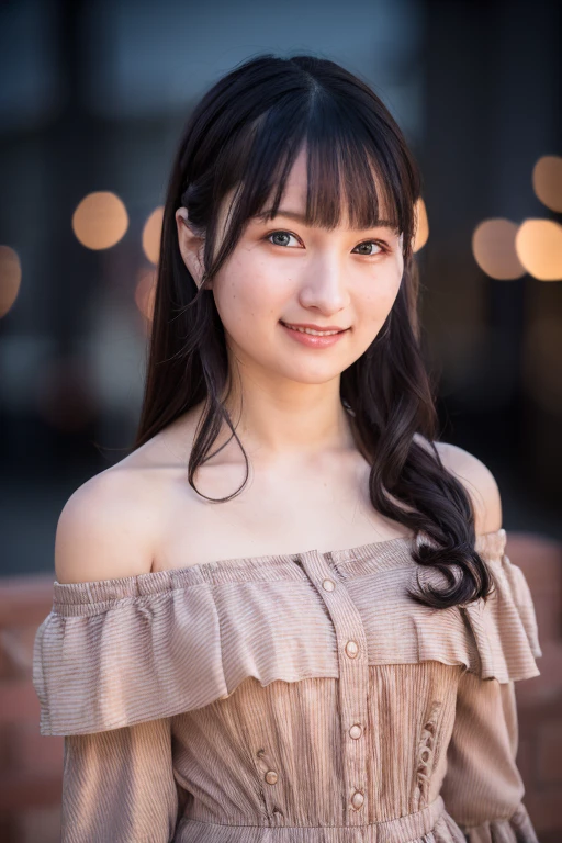1girl, (wearing a off-the-shoulder dress:1.4),(RAW photo, best quality), (realistic, photo-realistic:1.4), masterpiece, an extremely delicate and beautiful, extremely detailed, 2k wallpaper, Amazing, finely detail, extremely detailed CG unity 8k wallpaper, ultra-detailed, highres, soft light, beautiful detailed girl, extremely detailed eyes and face, beautiful detailed nose, beautiful detailed eyes,cinematic lighting,(in the city at night:1.6),perfect anatomy,slender body,(smile:1.4),(close up:1.2),(look at viewer),(front view:1.4),cinematic angle,(wavy  hair:1.2),    <lora:haradasayaka_lora-01:0.8>