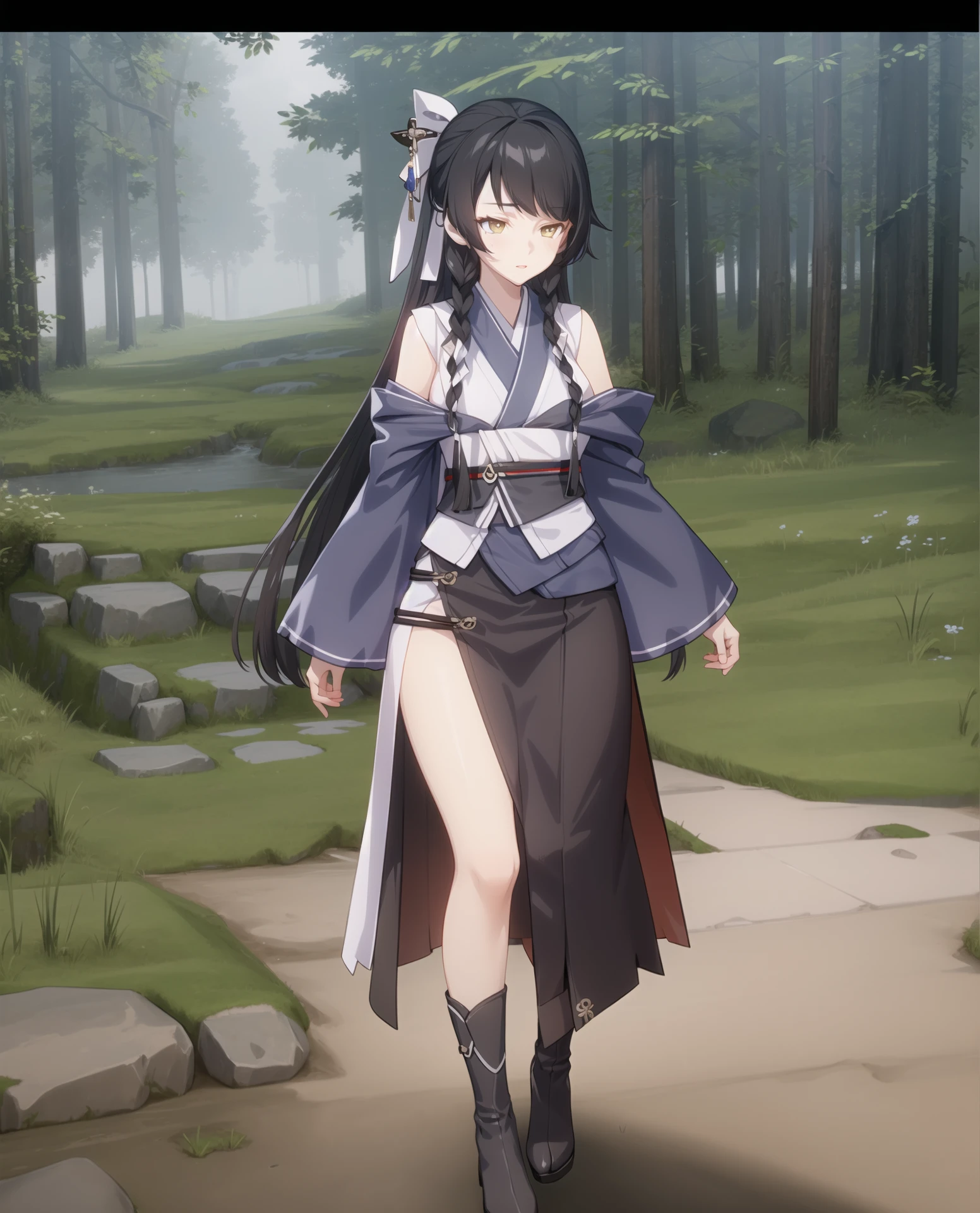 masterpiece, best quality, (high detailed:0.8), 8k uhd, 1girl, slender, Zhaoyu, forest, full body, kimono, hair ornament, <lora:ZhaoyuV1-08:0.9>, solo