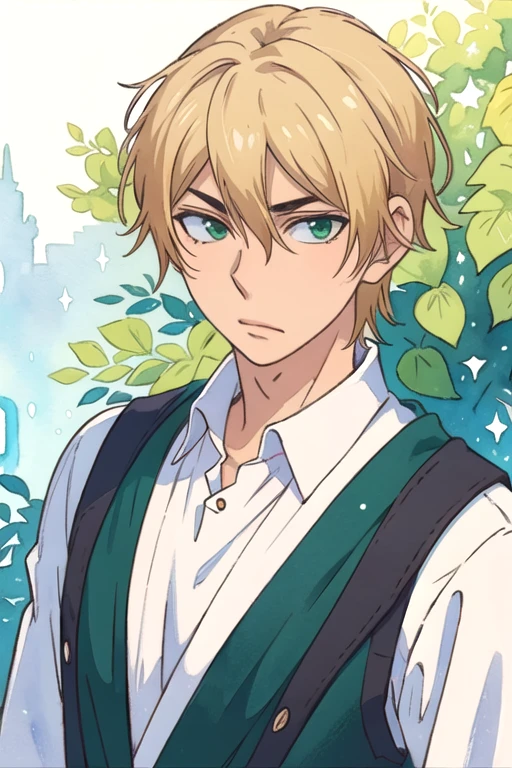 masterpiece, best quality, wallpaper, 1boy, solo, male focus, looking at viewer, upper body, depth of field, (watercolor illustration, soft pastel colors:1.1), realistic, <lora:nozomu_nanashima:0.72>, nozomu_nanashima, blonde hair, green eyes, texan costume, , 8k resolution