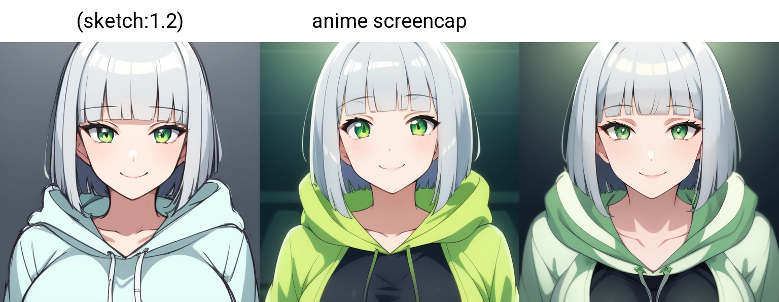 masterpiece, best quality, 1girl, solo, (sketch:1.2), 
short hair, silver hair, blunt bangs, green eyes, hoodie, medium breasts, glowing eyes, seductive smile,  
simple background, portrait,