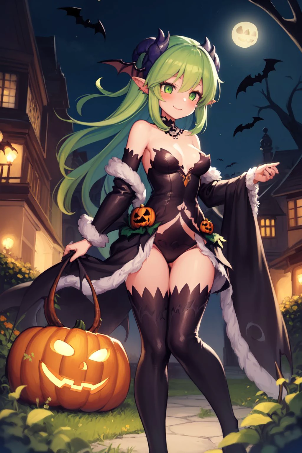 (painting_\(medium\):1.3), intricate details, wide shot, (1girl, Kesaran Pasaran \(monster girl encyclopedia\), green hair, kesaran pasaran, monster girl, fluffy, puff, pollen:1.1), looking away, seductive smile, floating, garden, palace, horror \(theme\), halloween, pumpkin, skull, spider web, bat, night