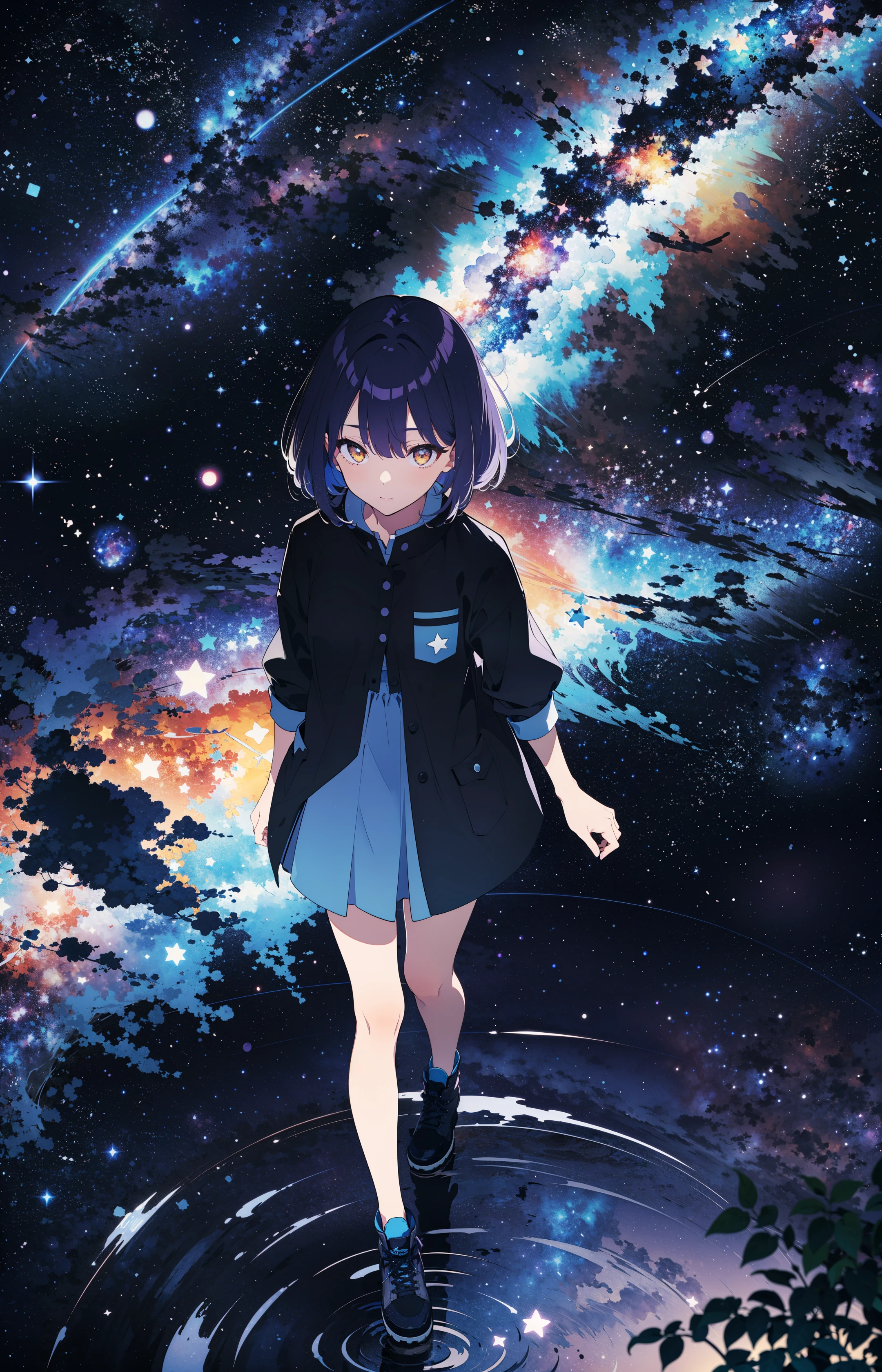 (masutepiece:1.3), (Best Quality:1.3), High resolution, Couboy Shot, on back, Sleeping, (One Cute Girl:1.3), Solo, White skin、 huge smile、Angel Ring、eight-headed person, Purple hair, (bobhair:1.2), Mixed mesh and light blue、Short hair, (Blunt bangs:1.2), Beautiful hair, Eyes are purple, Miraculous Eye、Beautiful detailed eyes, ultradetailed eyes、Glitter eyes、octans,cloud,from the rear、Colorful starry sky,Stars,Iridescent aura around the eyes、Squat position、Lie down and stick your hips out、Iridescent eyes、Narrowed eyes sucked in,Wearing a rainbow-colored aura from the whole body、purpleish color, Outdoors, Purple background, Shadow lighting,perfectbody