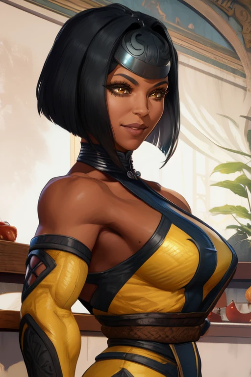 tanyaMK1, black hair,  brown eyes,  bob cut, 
yellow leotard,   elbow sleeves,  smile, 
royal garden, mortal kombat,  bar
standing,upper body,   toned,  bare shoulders, 
(insanely detailed, beautiful detailed face, masterpiece, best quality),
 <lora:tanyaMK1:0.8>