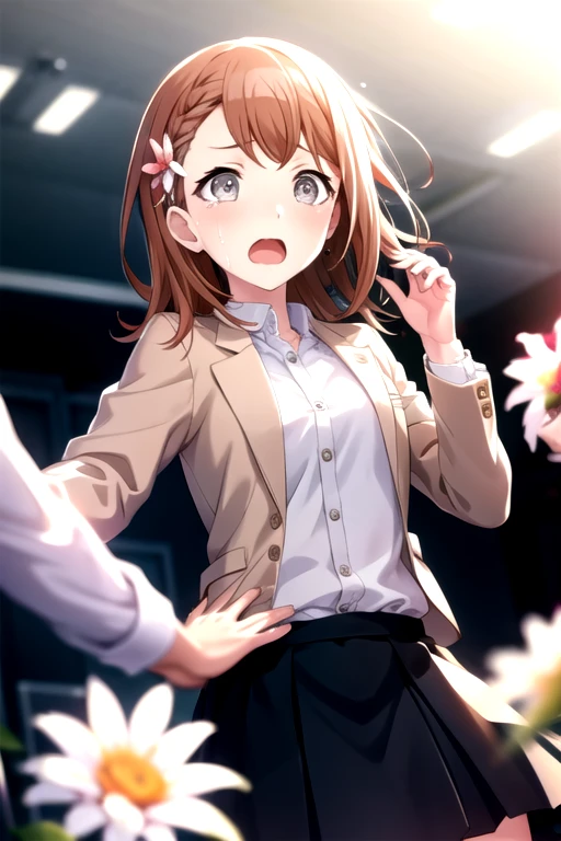 inui sajuna juju,pink hair, pink eyes, long hair, two side up,, sweater vest, black vest, red sailor collar, red skirt, yellow bow,(from below:1.3),(Strong winds:1.3),(Skirt that rolls up:1.3),(Fully exposed panties:1.3),panty shot,blush,Surprised,open mouth,masterpiece,Noise Reduction,perfect anatomy,high resolution, ultra-detailed,game cg,dutch angle ,beautiful detailed eyes,visualart,five fingers, perfect hands, perfect lighting,